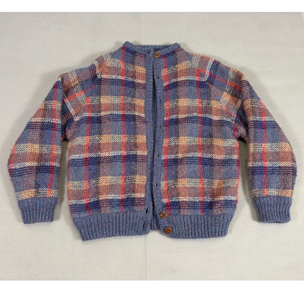 VTG Reversible Plaid Knit Cardigan Sweater Blue Orange Grandma Core Small wool